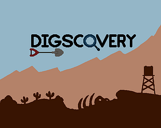 Cover art for Digscovery, featuring the logo and a silhouetted scene of a desert with bones, cacti, and a water tower.
