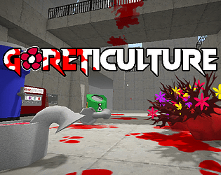 Cover art for Goreticulture, featuring the game's intimidating logo over a bloody scene. There's some cleaning supplies, as well as vibrant flowers growing out of the blood.