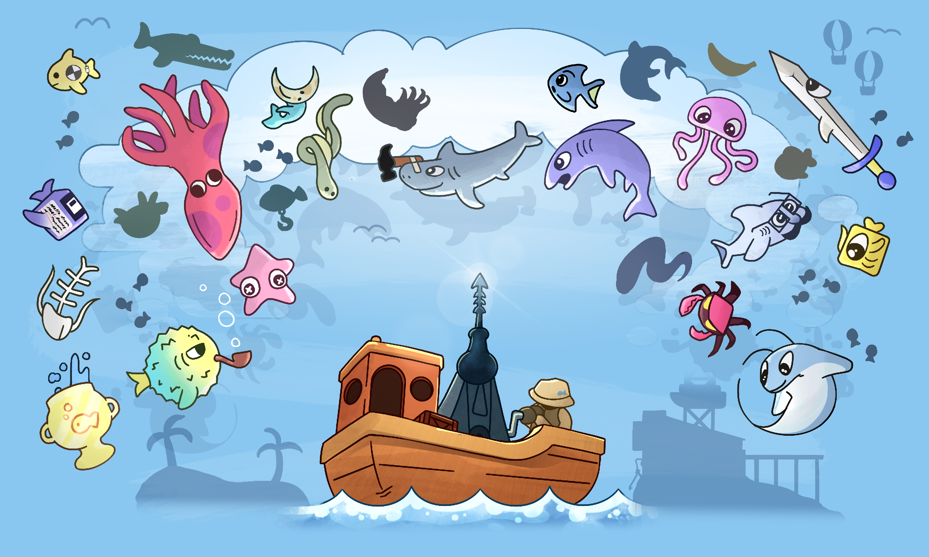 Cover art for Reel-istic Fishing, featuring a boat harpooning fish that are falling from the sky.